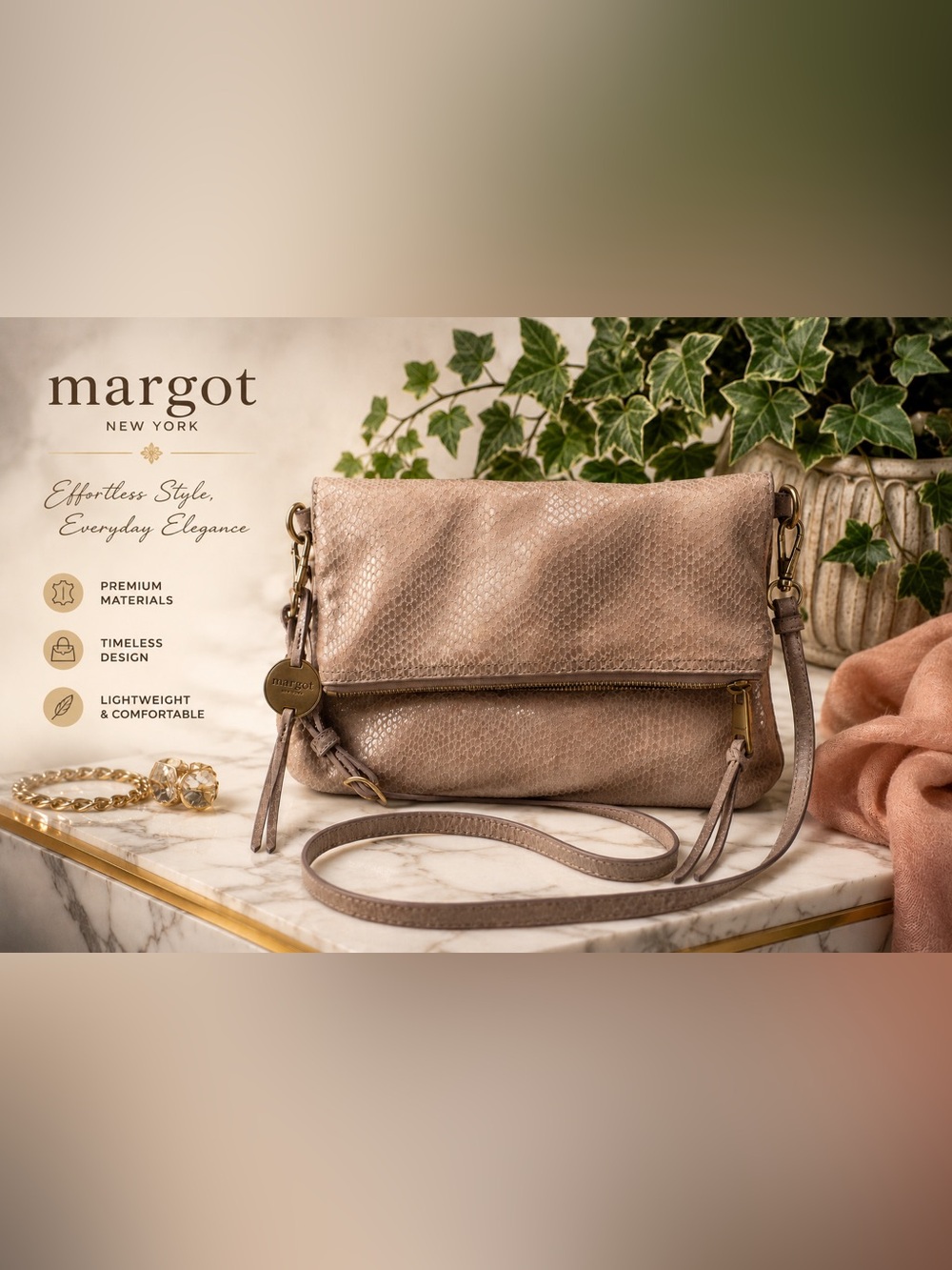Margot New York Robbie Fold Over Leather Crossbody Snakeskin